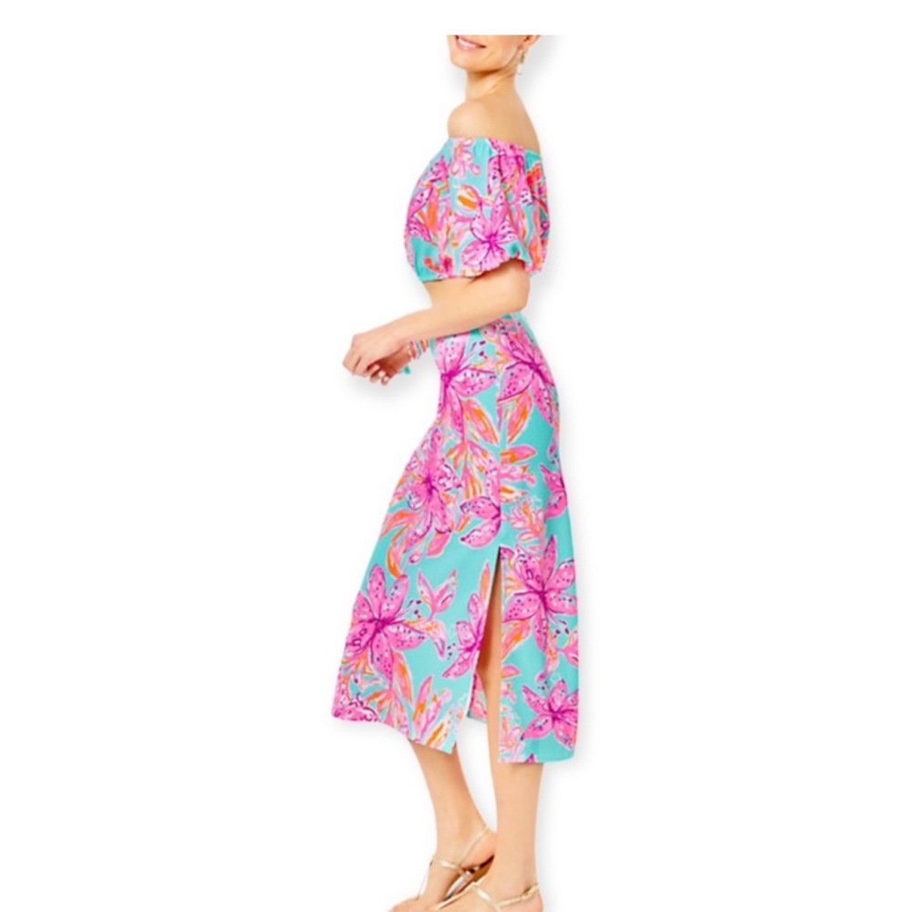 Lilly Pulitzer Pink and Blue Floral Crop Top & Midi Skirt - Picture 2 of 3